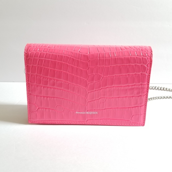 Alexander McQueen Skull Croc-Embossed Leather Chain Crossbody Neon Pink - Picture 5 of 12